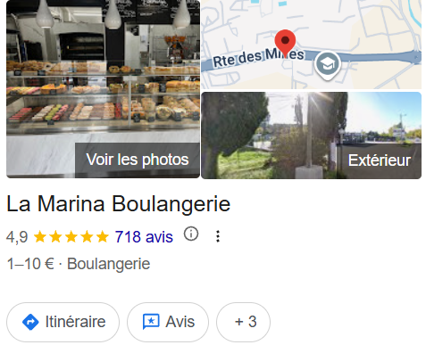 Fiche Google de La Marina Boulangerie avec 718 avis après 1 an et 3 mois avec la plaque Diginea