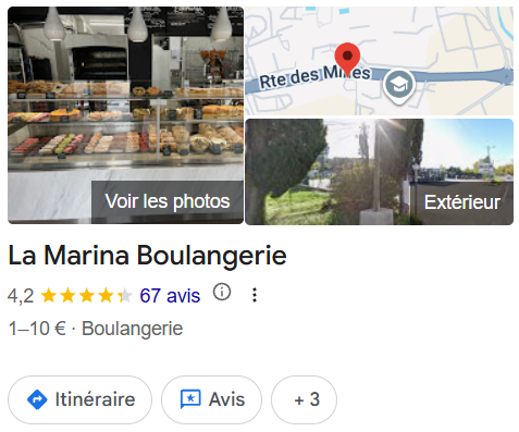 Fiche Google de La Marina Boulangerie avec 67 avis avant la plaque Diginea