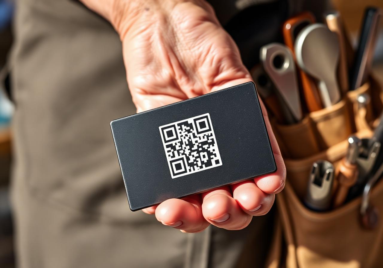 Artisan tenant une plaque NFC Diginea à QR code en fin d'intervention chez un client