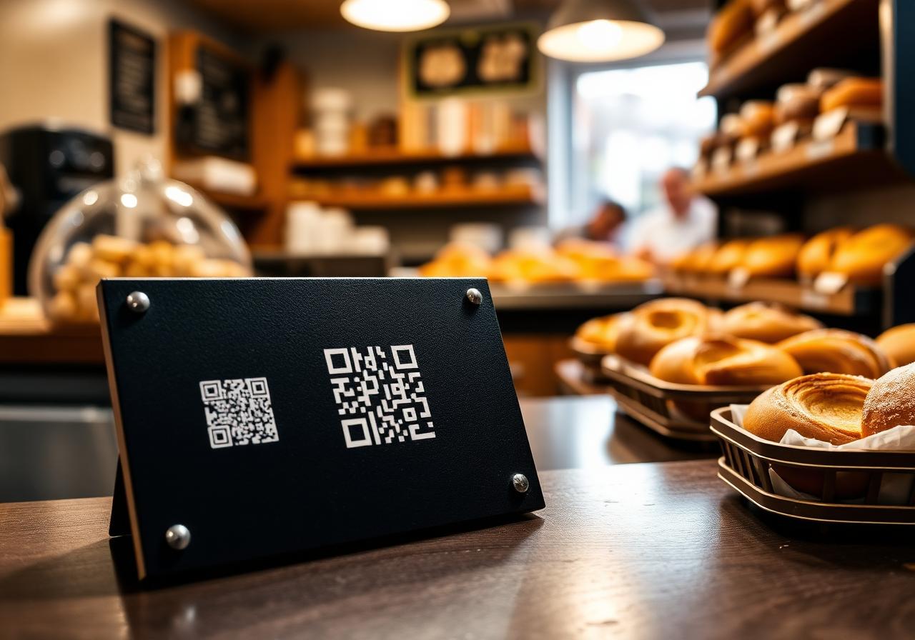 Plaque NFC Diginea à QR code posée près de la caisse d'une boulangerie française