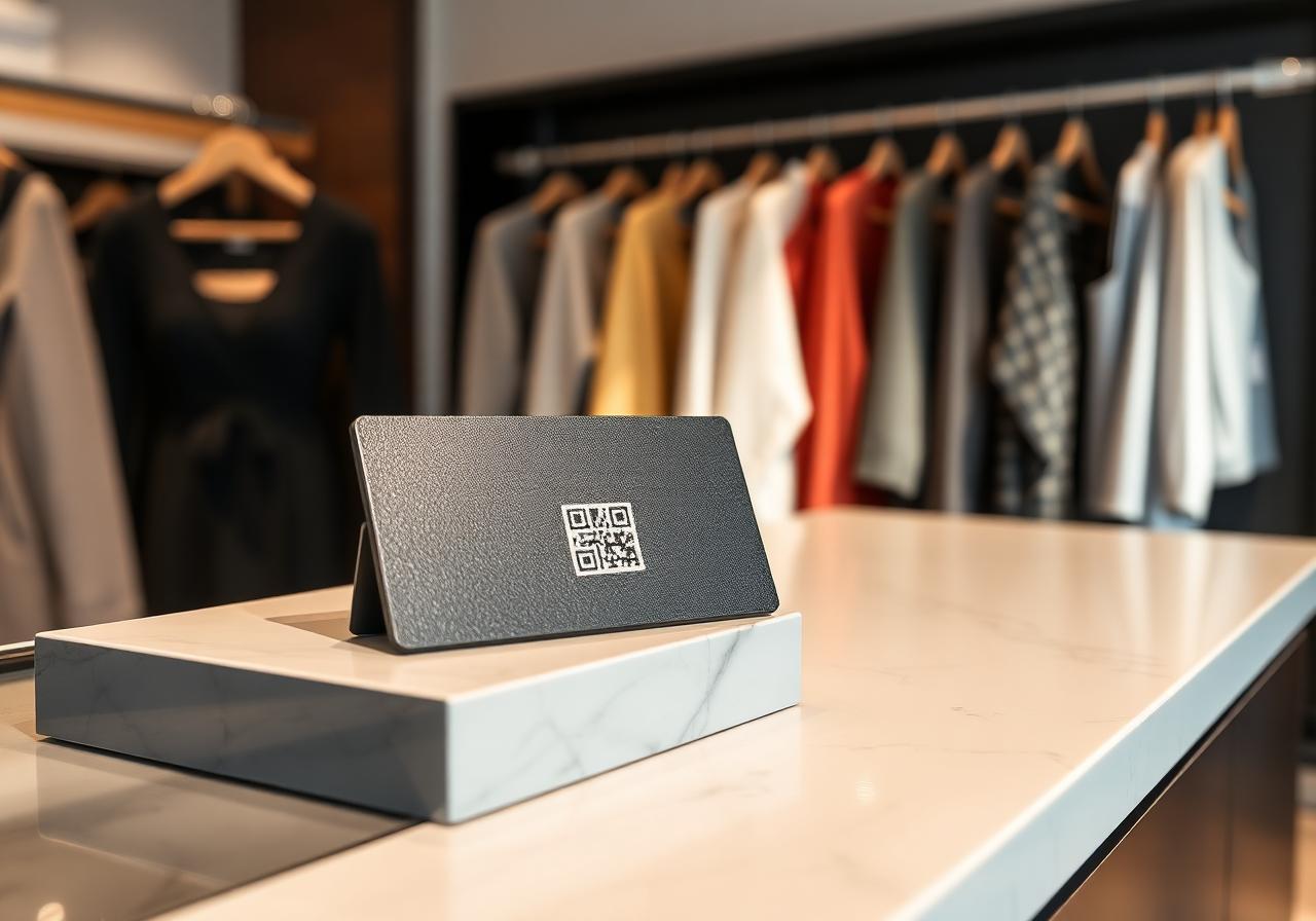 Plaque NFC Diginea à QR code posée sur le comptoir de caisse d'une boutique de prêt à porter