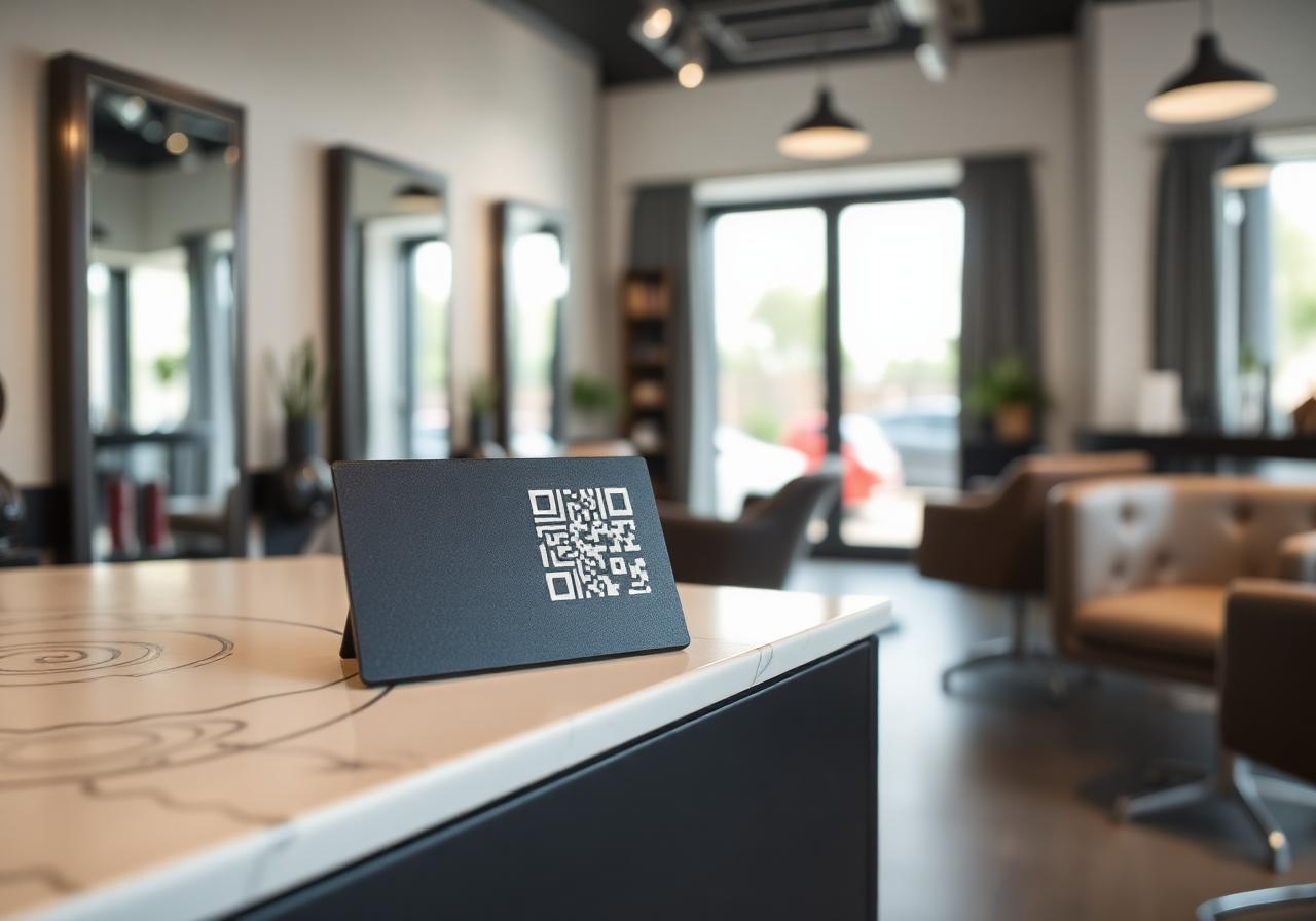 Plaque NFC Diginea à QR code posée sur le comptoir d'accueil d'un salon de coiffure moderne