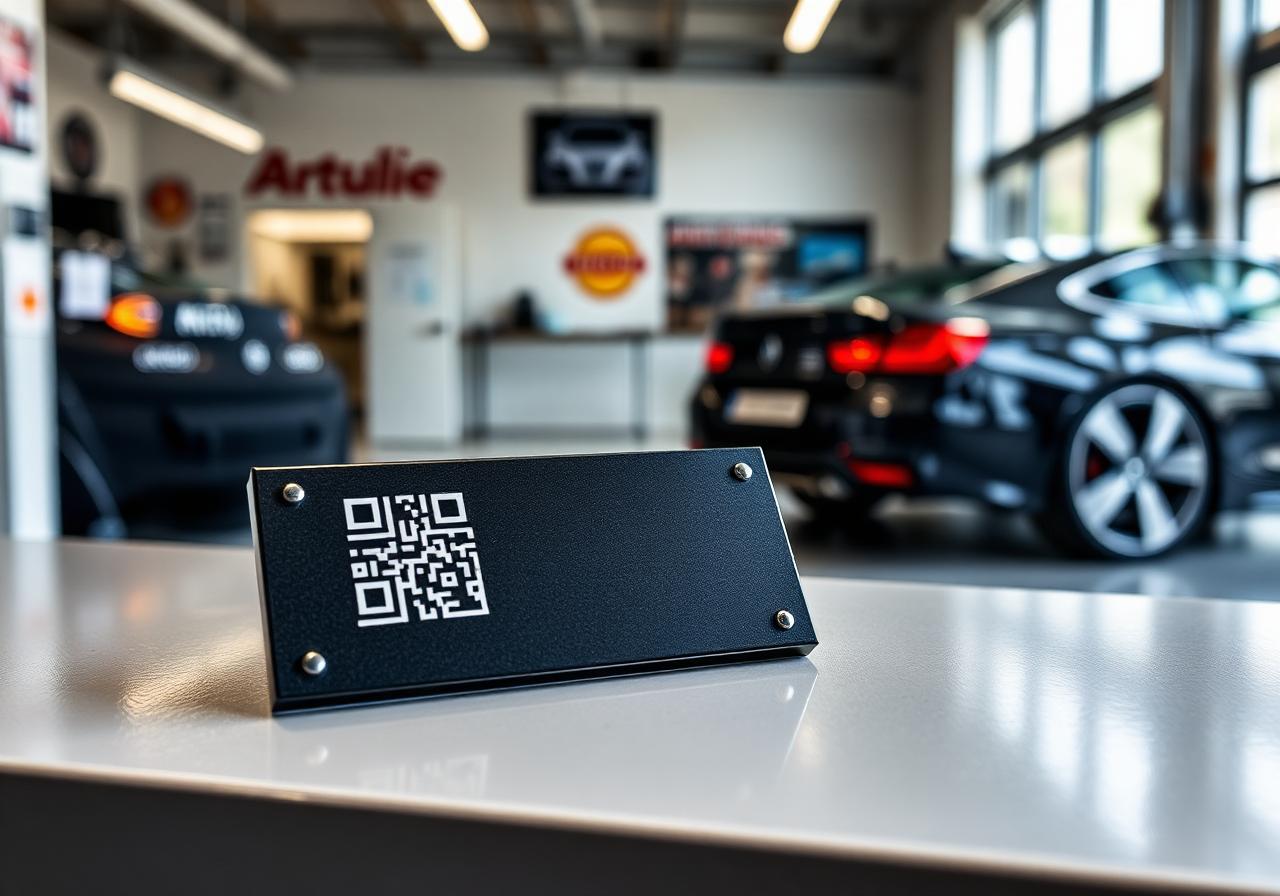 Plaque NFC Diginea à QR code posée sur le comptoir d'accueil d'un garage automobile