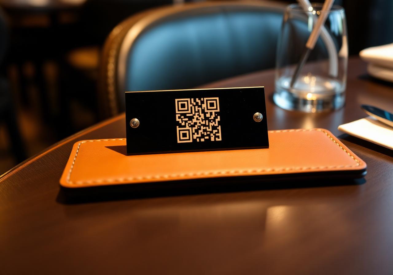 Plaque NFC Diginea avec QR code posée sur un porte addition en cuir dans un restaurant